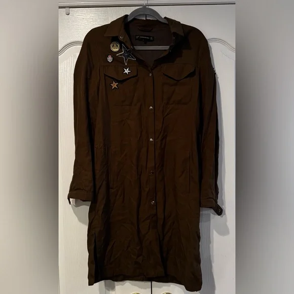 Zara Army Green Long Snap-Down Patchwork Jacket - Size S - Picture 4 of 9